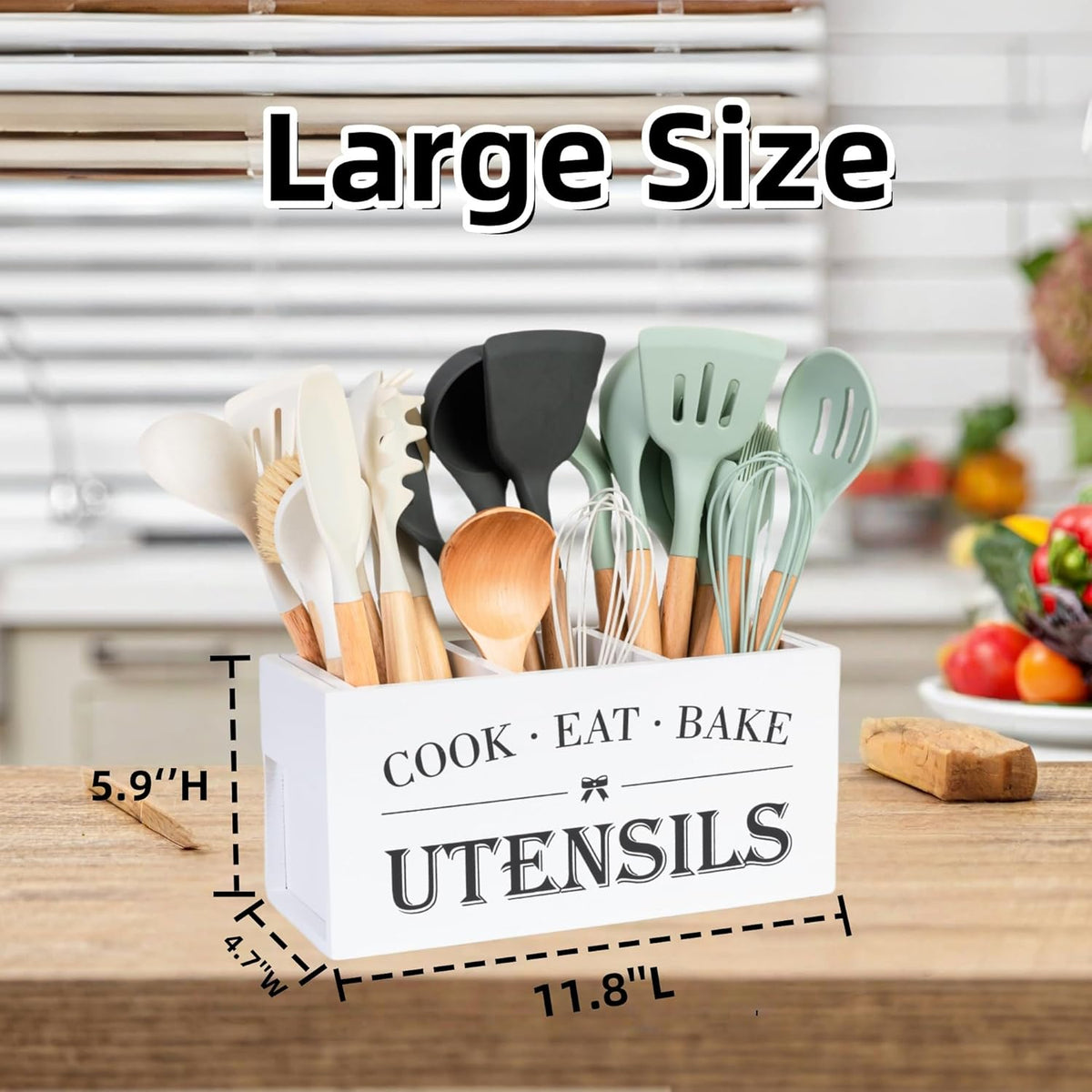 Utensil Holder,Large Wooden Utensil Holder For Kitchen Counter,Cooking Spatula Organizer,Big Storage Caddy With 3 Compartments Flatware Spoon Tool Cutlery（White）