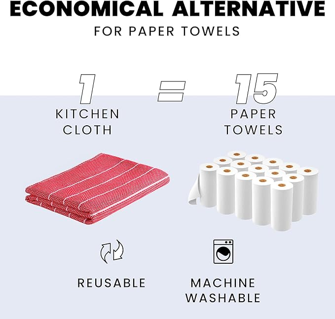 Zeppoli Classic Kitchen Towels - 6 Pack 100% Natural Cotton Towel Set, Reusable Wash Cloths, Absorbent Dish Towels, Machine Washable Hand Towels, Kitchen Essentials, 20� x 28� - Red VAR