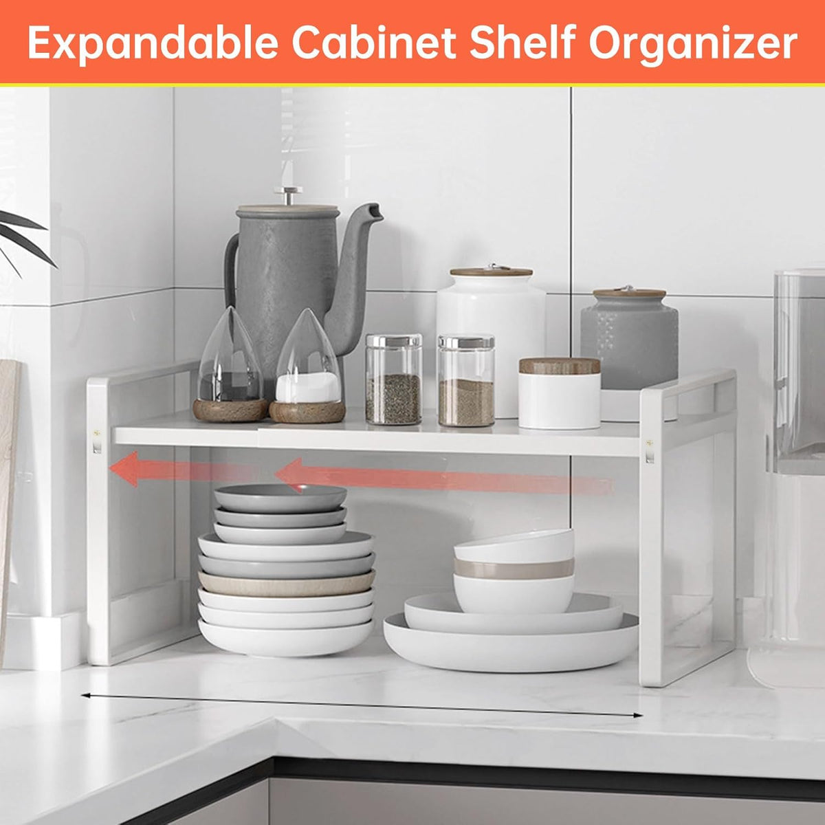 Cabinet Shelves Organizer for Kitchen 11", Expandable Shelf with Adjustable Length, Metal Countertop Organizer, Fits Pantry, Over the Sink, Spices, Microwave & Dishes Storage, White (2 Pack)