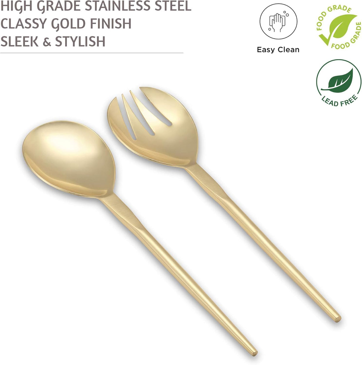 Folkulture Serving Utensils for Modern Serving and Cooking, Stainless Steel Kitchen Salad Servers or Salad Tongs, 12-Inch Serving Spoon and Fork Set for Salad, Gravies or Pasta, Gold/Brass Finish