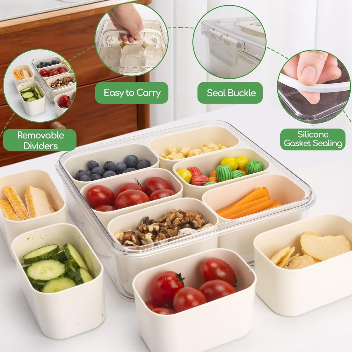 Divided Serving Tray with Lid and Handle, Portable Snack Box Container, 6 Compartments Veggie Fruit Snackle Tray,Charcuterie Platter Box Container for Party, Travel, Entertaining,Picnic, SMALL SIZE