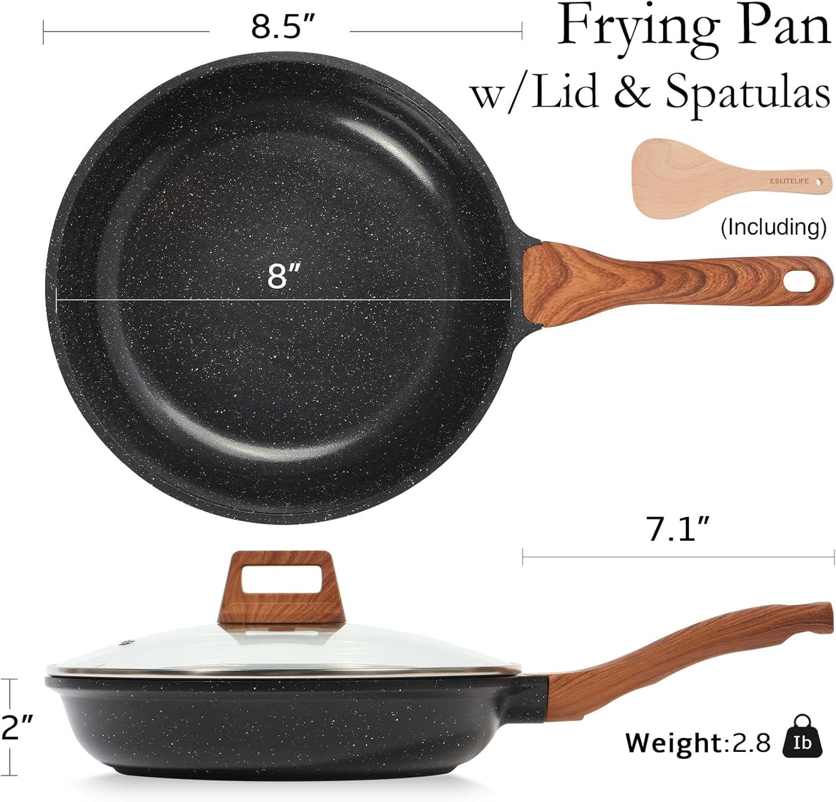 ESLITE LIFE Nonstick Ceramic Frying Pan Skillet with Lid, Non-Toxic Egg Omelette Kitchen Cooking Pans Compatible with All Stovetops (Gas, Electric & Induction), PTFE & PFOA Free (Black, 8" w/Lid)