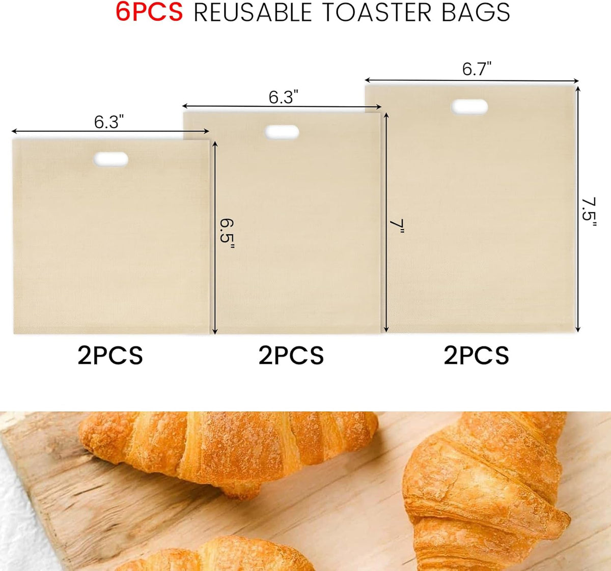 VGOODALL 6 Pack Reusable Toaster Bags, 3 Sizes Non Stick Heat Resistant Sandwich Bags Easy to Clean for Grilled Cheese Sandwiches