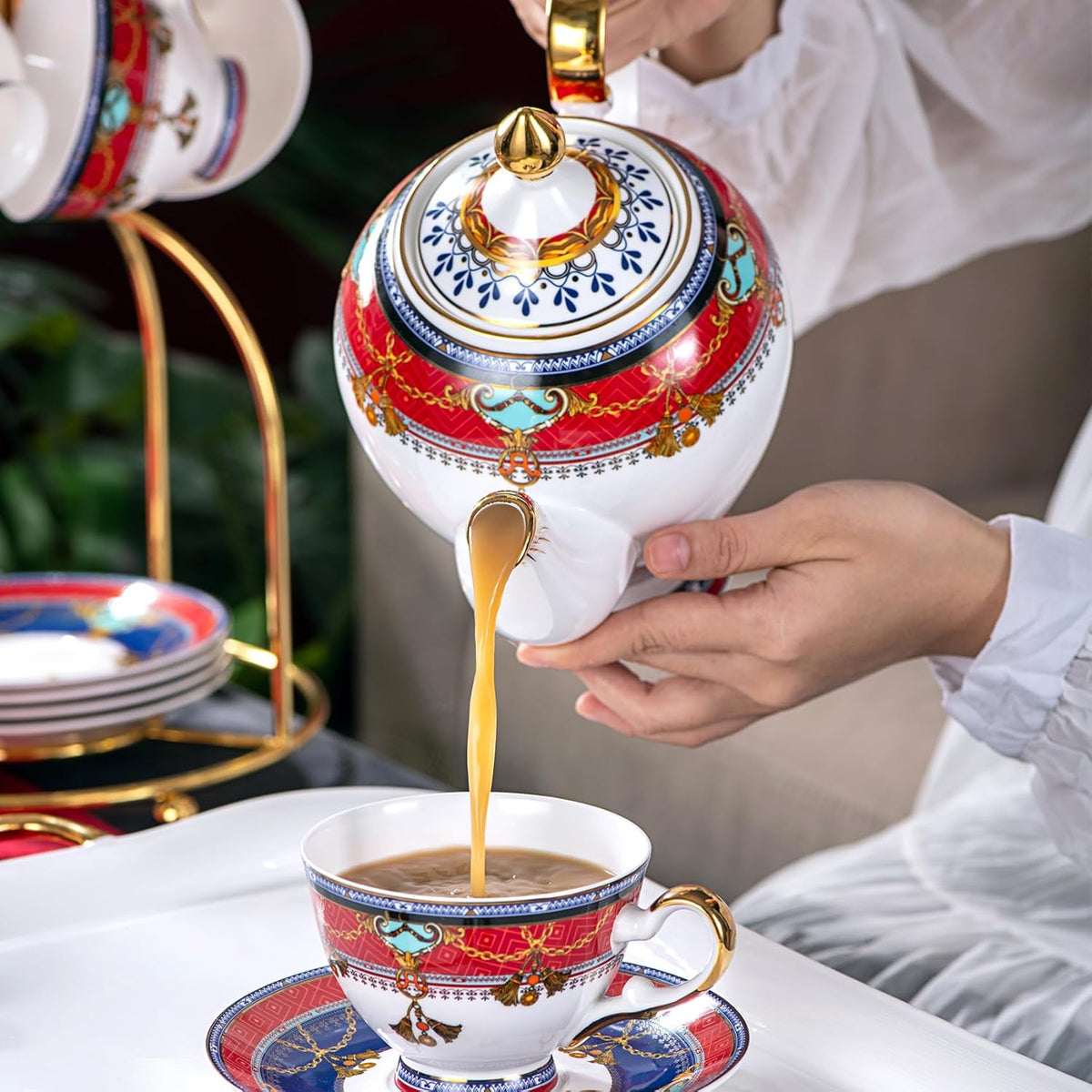 Euro Style Bone China Tea Set, Tea Sets For 6 Adults, Bone China Tea Cup Set With Teapot Spoons, Sugar Bowl, Creamer Pitcher, Tea Set for Women, Tea Party Set, Gift Package (21, Vienna)