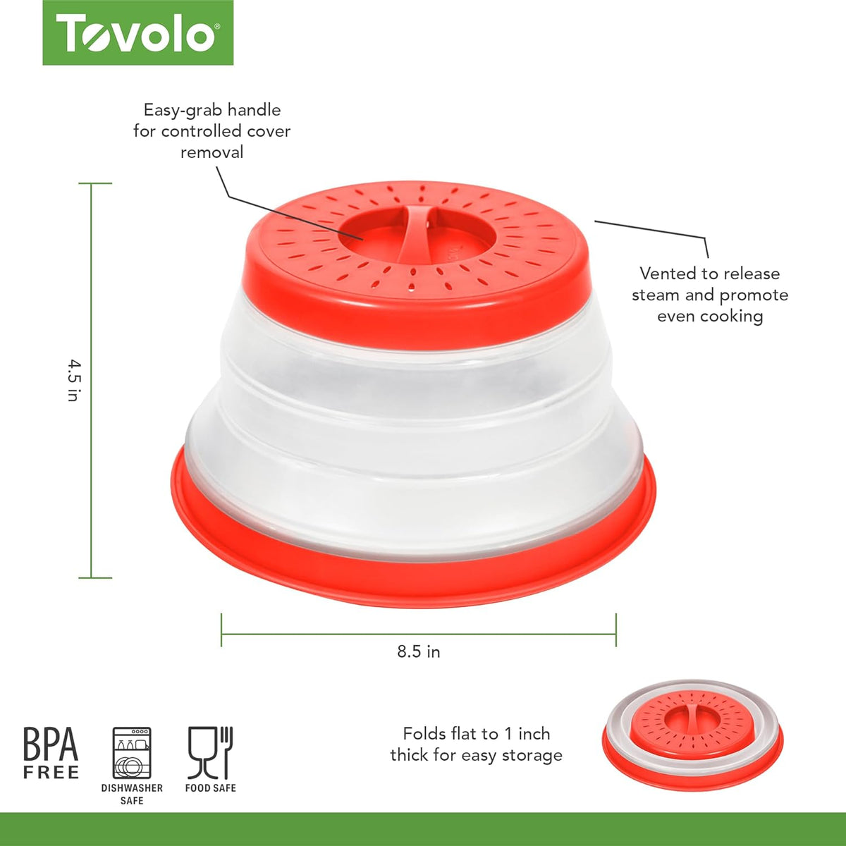 Tovolo Microwave Splatter Cover for Food, Small (Candy Apple Red) - Collapsible & Vented Silicone Splatter Guard Lid - Microwave Plate & Dish Cover with Handle - BPA-Free Kitchen Gadget for Meal Prep
