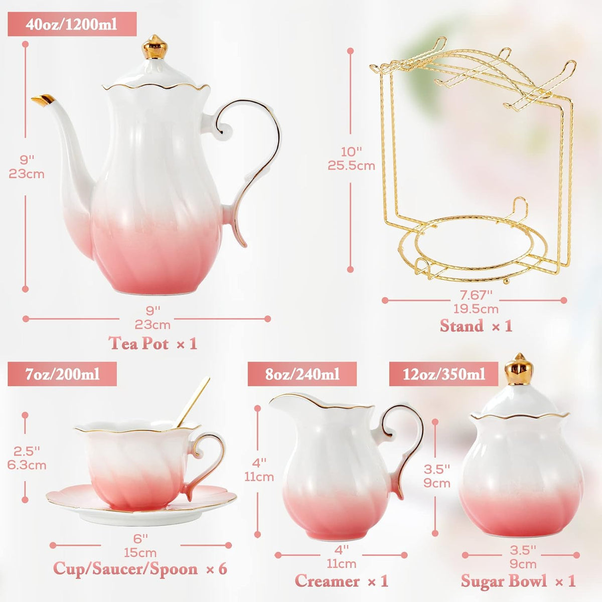 DUJUST 22 pcs Porcelain Tea Set for 6, Luxury British Style Tea/Coffee Cup Set with Golden Trim, Beautiful Tea Set for Women, Tea Party Set, Gift Package (With a Stand) - Gradient Pink
