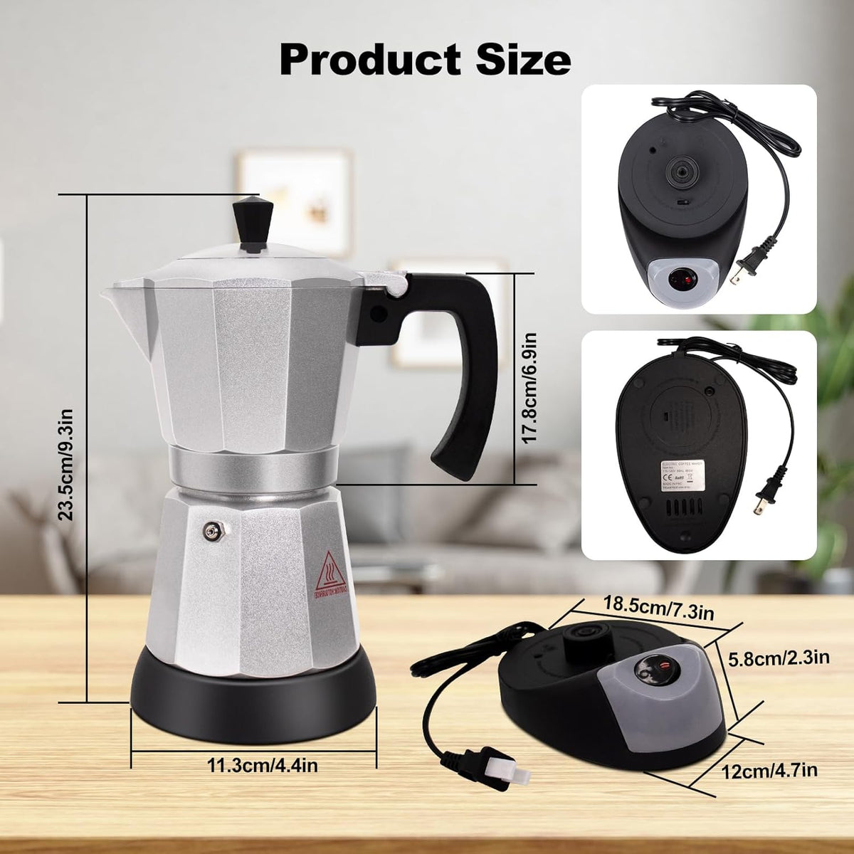 Electric Aluminum Moka Pot 5-6 Cup 270ml Espresso Maker with Detachable Base Ideal Coffee Makers for Home MochaPot Italian and Cuban Café Coffeemaker Espressomaker CoffeePot Silver