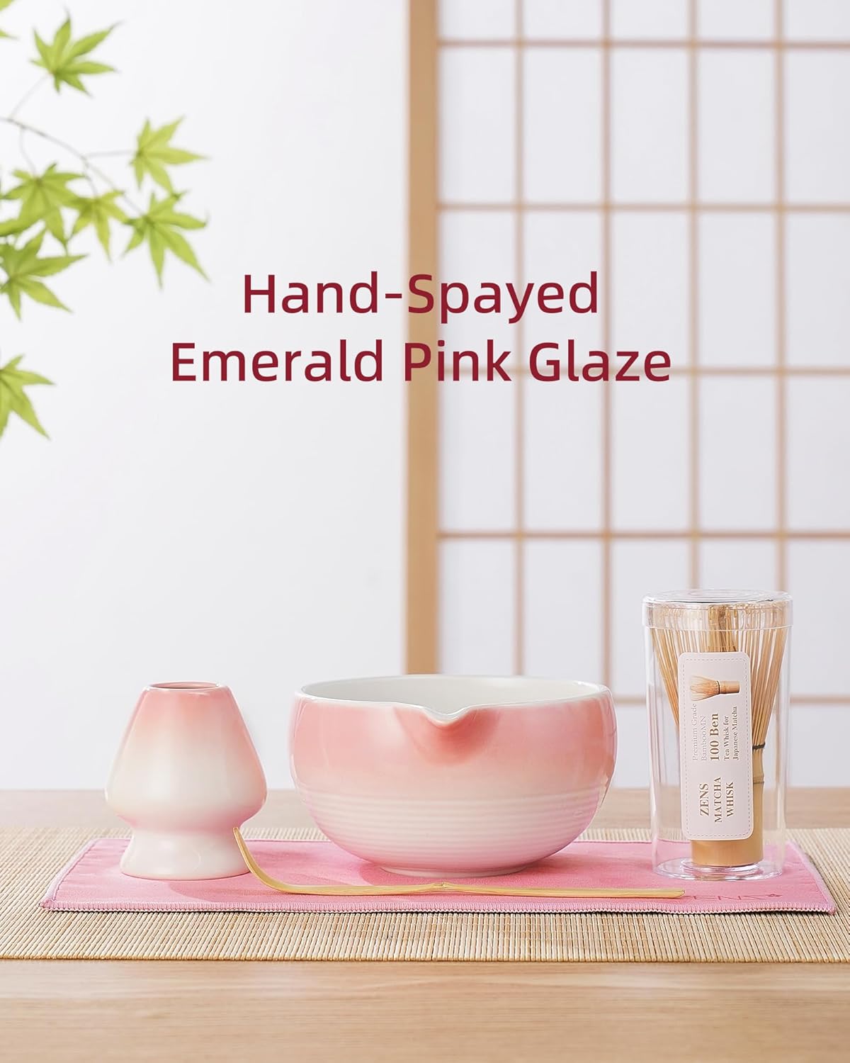 ZENS Pink Matcha Set, Matcha Whisk Set with 15oz Ceramic Bowl & (Chasen Holder), 6pcs Matcha Kit with Bamboo Scoop and Sifter, Tea Towel for Matcha Lovers