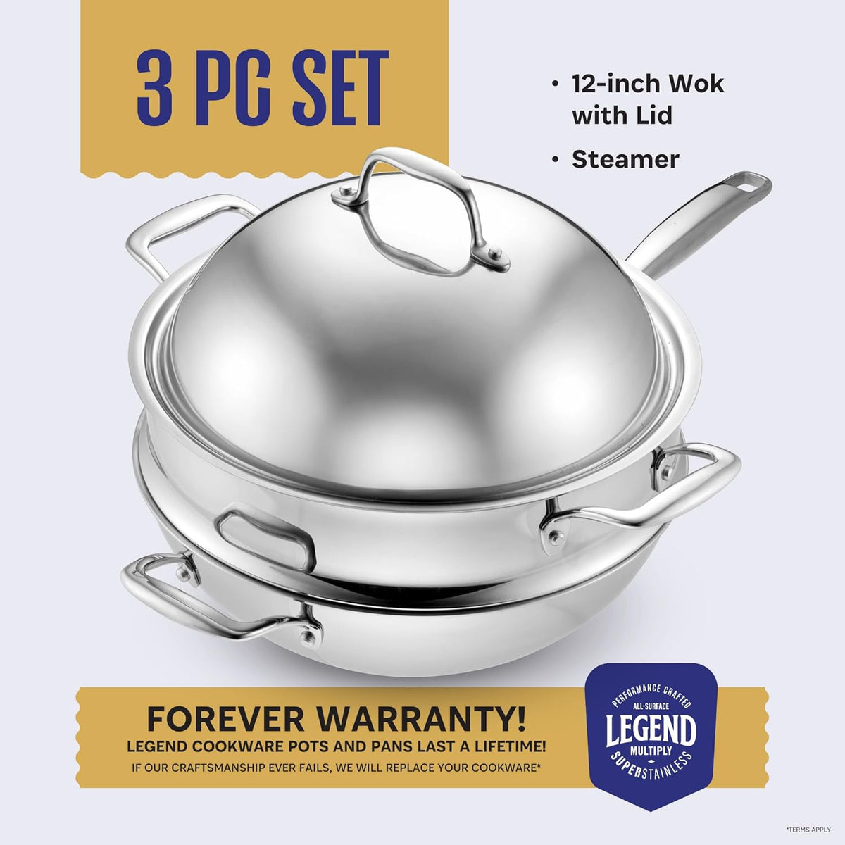 LEGEND COOKWARE Stainless Steel 3 Piece Wok Set | 5 Ply Wok, Induction, Non-Toxic, Oven Safe | Best 18/8 Full Clad | Professional Kitchen Cooking, Heavy Chef Quality | PFOA, PTFE & PFOS Free