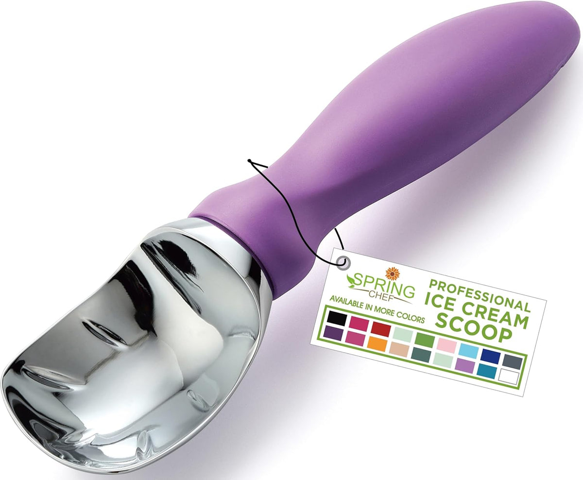 Spring Chef Metal Ice Cream Scoop with Comfortable Handle, Heavy Duty Sturdy Ice Cream Scooper Spoon for Cookie Dough, Frozen Yogurt, Gelato, Sorbet, Sundae, Melon - Dishwasher Safe - Orchid