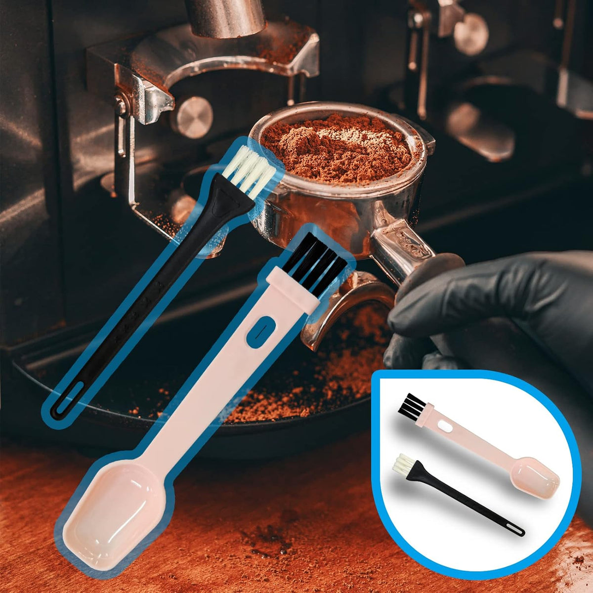 7 Pcs Coffee Machine Cleaning Brush, Espresso Machine Brush with Detachable Head, Wooden Plastic Brush with Bristles for Grinder, Plastic Spoon with Brush & 2Pcs Espresso Steam Wand Brushes