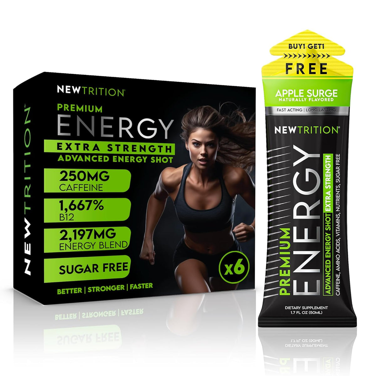 NewTrition® Extra Strength Energy Shots, 250mg Caffeine Energy Shots with Vitamin B & Amino Acids, Sugar-Free Vitamin Energy Shot, 1.7 fl oz (Pack of 6, Apple Surge)