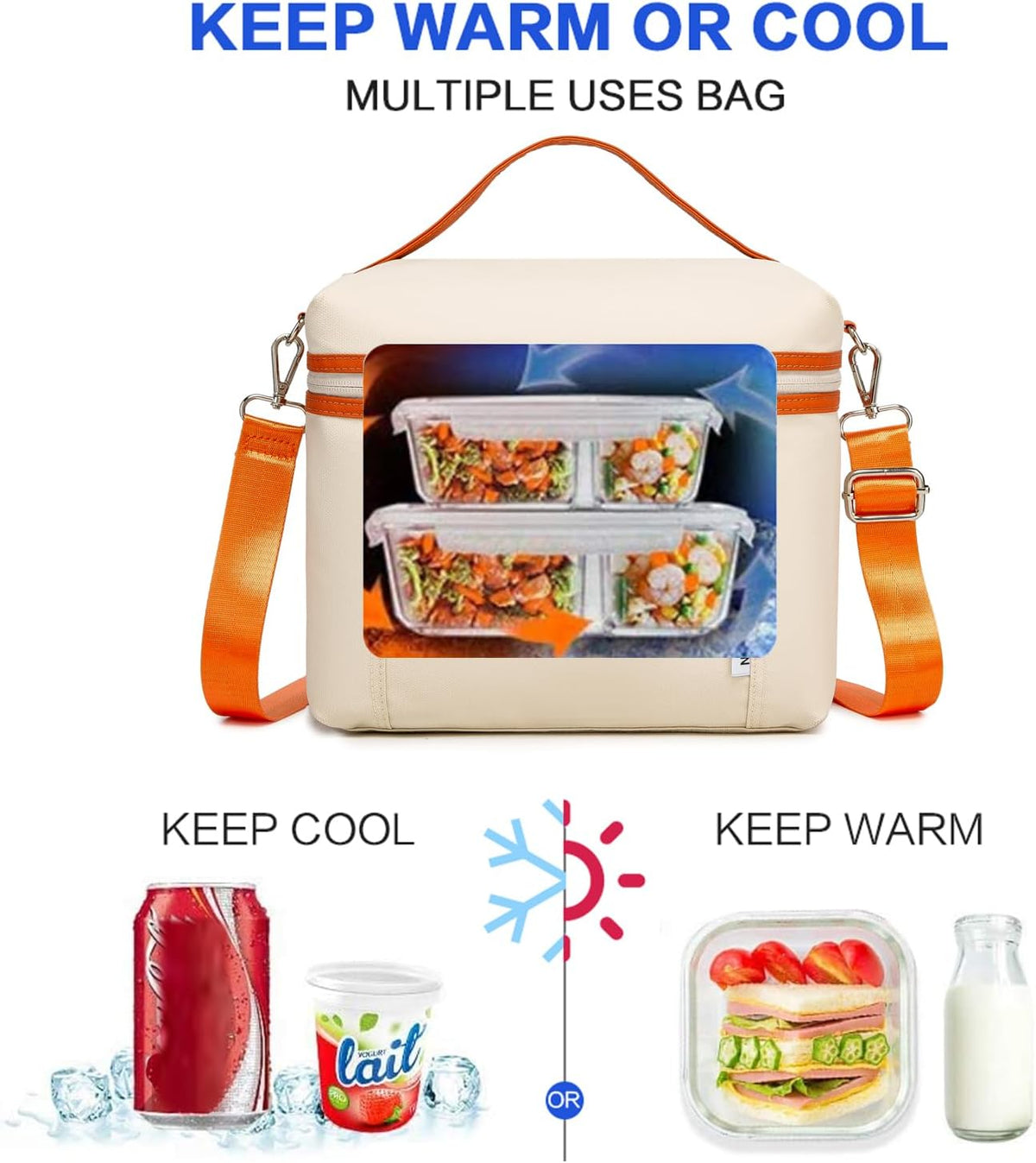 NOL Insulated Lunch Bags for Women Cooler Bag Lightweight Nylon Waterproof Lunch Box For Work (Medium(normal), Cream/orange)