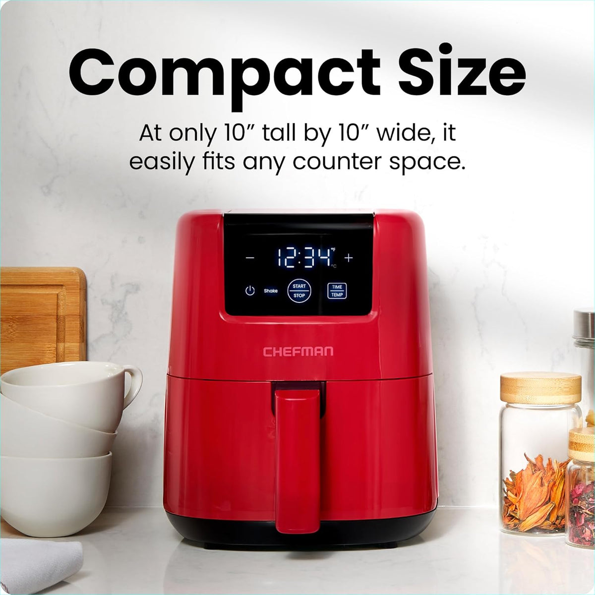 CHEFMAN 2 Qt Mini Air Fryer – Digital Space-Saving Compact Air Fryer with Nonstick and Dishwasher Safe Basket, Quick & Easy Meals in Minutes, Features Digital Timer and Shake Reminder – Red