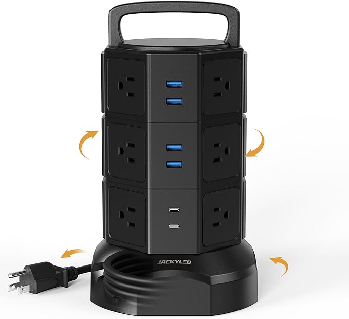 Power Strip Tower Surge Protector, JACKYLED 1625W 13A Outlet Surge Electric Tower, 12 Outlets 6 USB Ports Charging Station with 16AWG 6.5ft Heavy Duty Extension Cord for Home Office Dorm Black