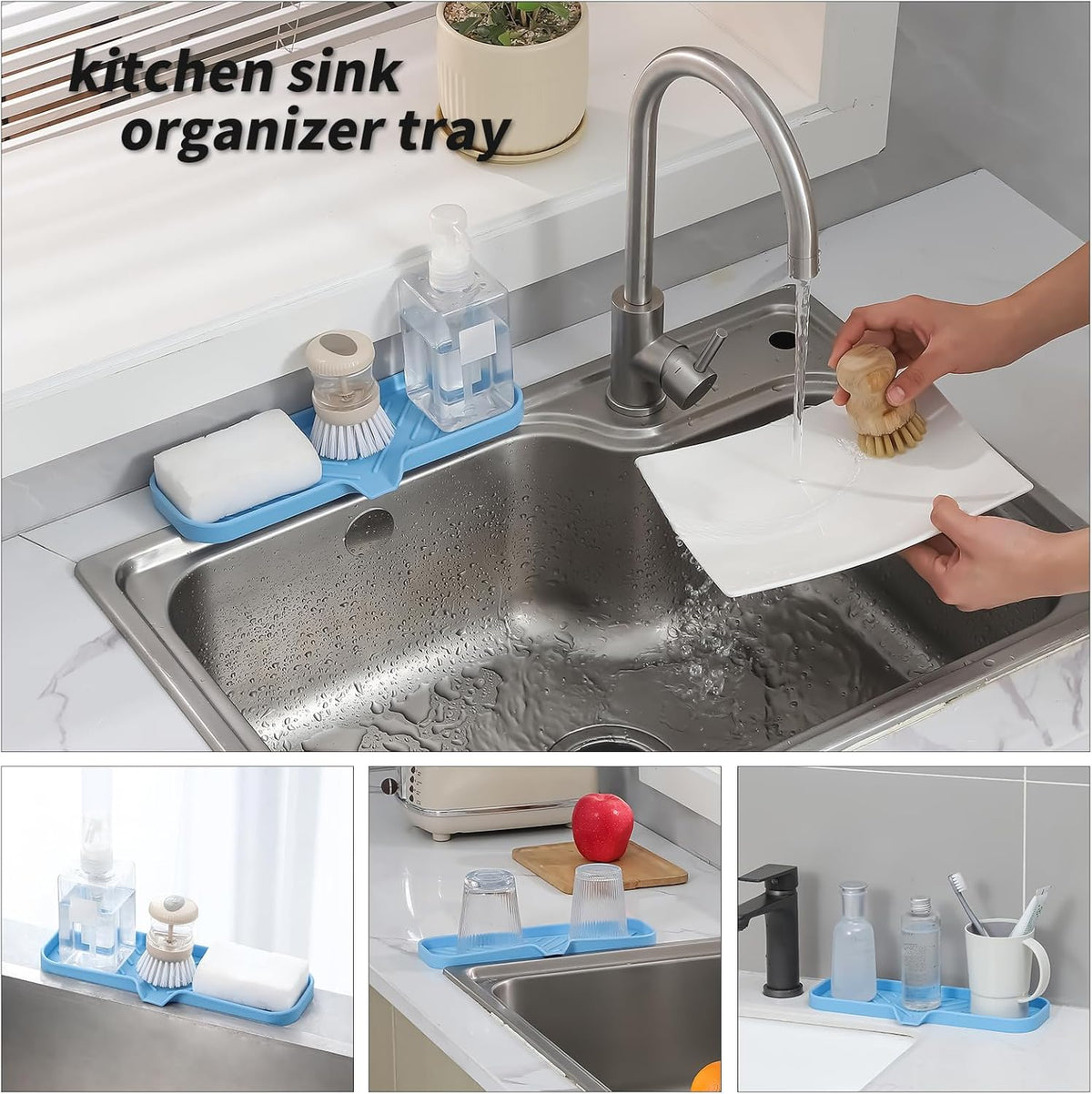 Silicone Bathroom Soap Dishes with Drain Spout-Bathroom and Kitchen Sink Organizer,Sponge Holder,Dish Soap Tray,Perfect for Dispenser,Scrubber,Bottle on Sink or Counter-Light Blue 12"×4"