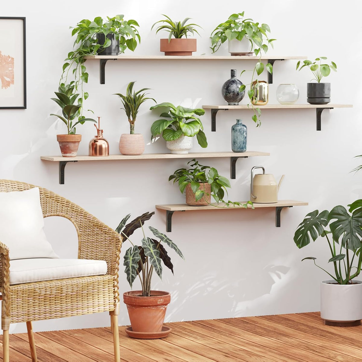 DINZI LVJ Long Wall Shelves, 31.5 Inch Wall Mounted Shelves Set of 2, Easy-to-Install, Floating Storage Ledges with Sturdy Metal Brackets for Living Room, Bathroom, Bedroom, Kitchen, Natural