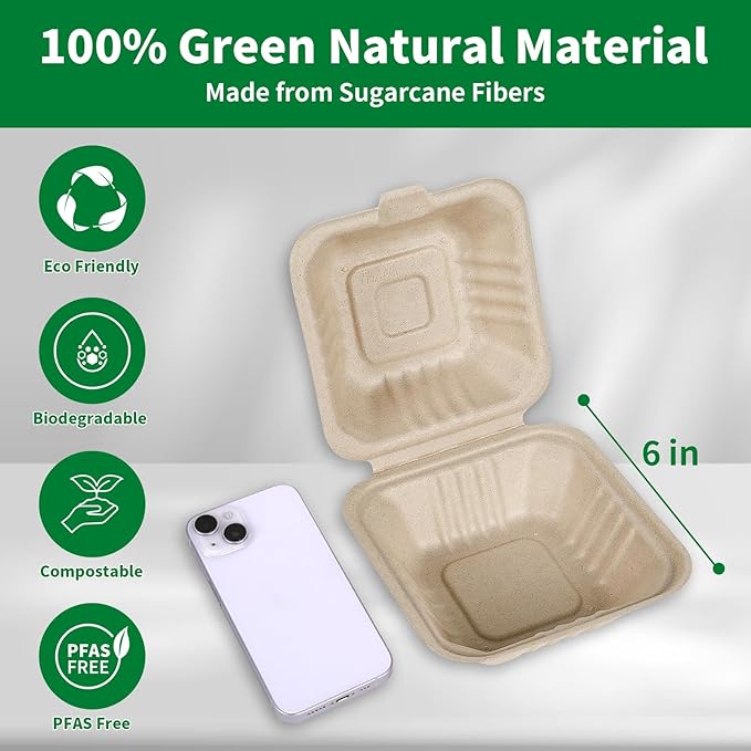 Aricsen Compostable 50 Pack 6x6 Inch Disposable Square Small Lunch Box Takeout Containers with Lid To Go Take Out Clamshell for Food, Eco-Friendly Biodegradable Bagasse, PFAS-Free, Unbleached Brown