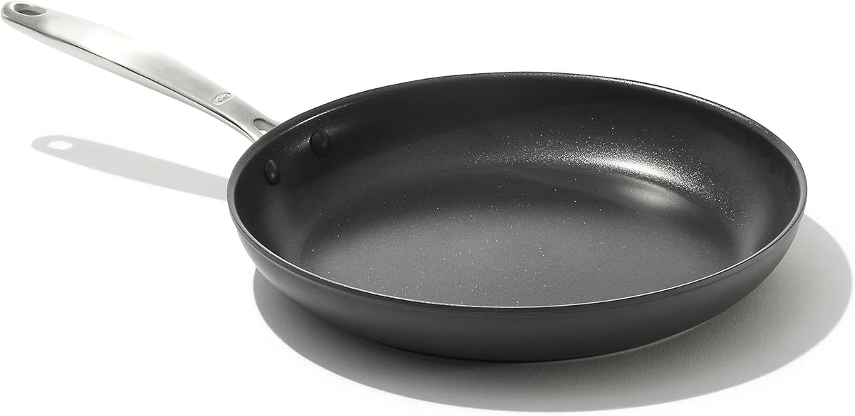 OXO Enhanced 12" Frying Pan Skillet, PFAS-Free Ceramic Nonstick, Durable Hard Anodized Cookware, Scratch Resistant, Stainless Steel Handle, Good Grips, Dishwasher & Oven safe, Black
