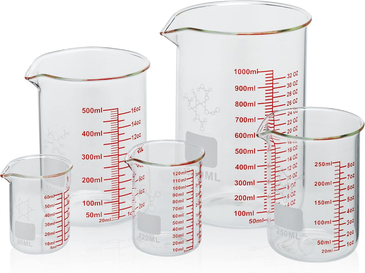 High Borosilicate Glass Measuring Cup Set-V-Shaped Spout,Includes 60ml(2OZ), 120ml(4OZ), 250ml(8OZ), 500ml(16OZ), and 1000ml (32OZ) for Kitchen or Restaurant, Easy to Read