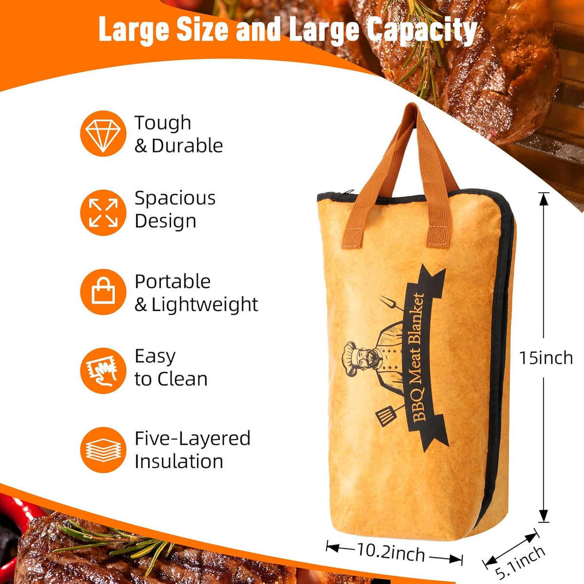 BBQ Blanket for Resting Meat,Smoker Meat Resting Blanket, Reusable Smoker Grilling Meat Insulated Resting Bag with Wide Mouth for Large Brisket/Beef/Pork Shoulders/Turkeys (BBQ Blanket 15in)