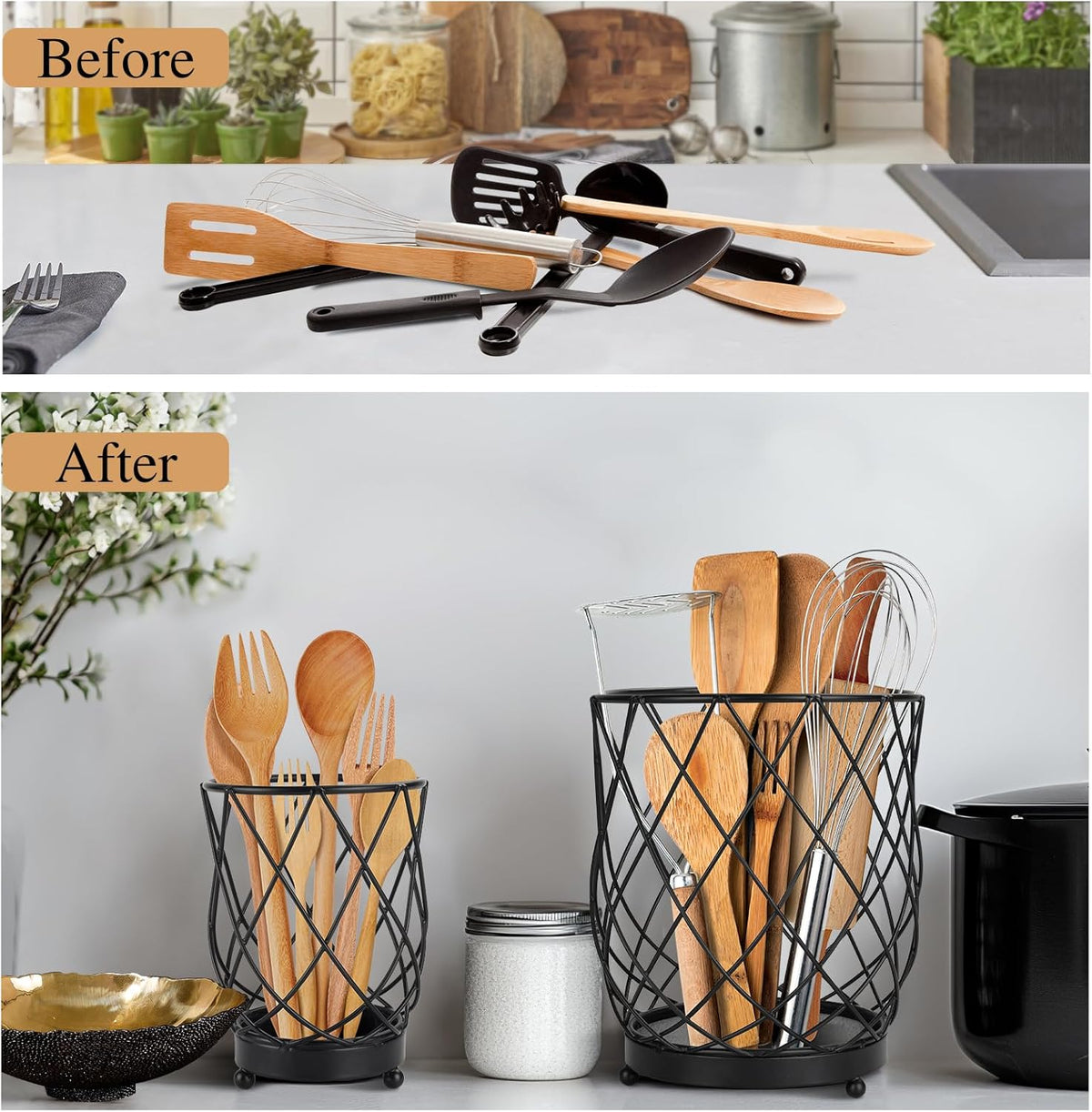 MACEVIA Utensil Holder for Kitchen Counter, Black Metal Organizer with Diatomaceous Earth Base, 7.5" + 5.4", Countertop Storage for Spoons,Spatulas and Cooking Utensils,Set of 2