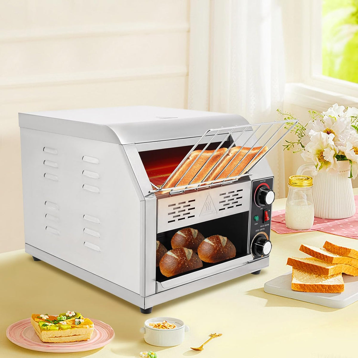 300 Slices/H Commercial Electric Conveyor Toaster Stainless Steel Bread Toaster For Bagel Burgers Bun Baked Food, 1900W Heavy Duty Restaurant Bakery