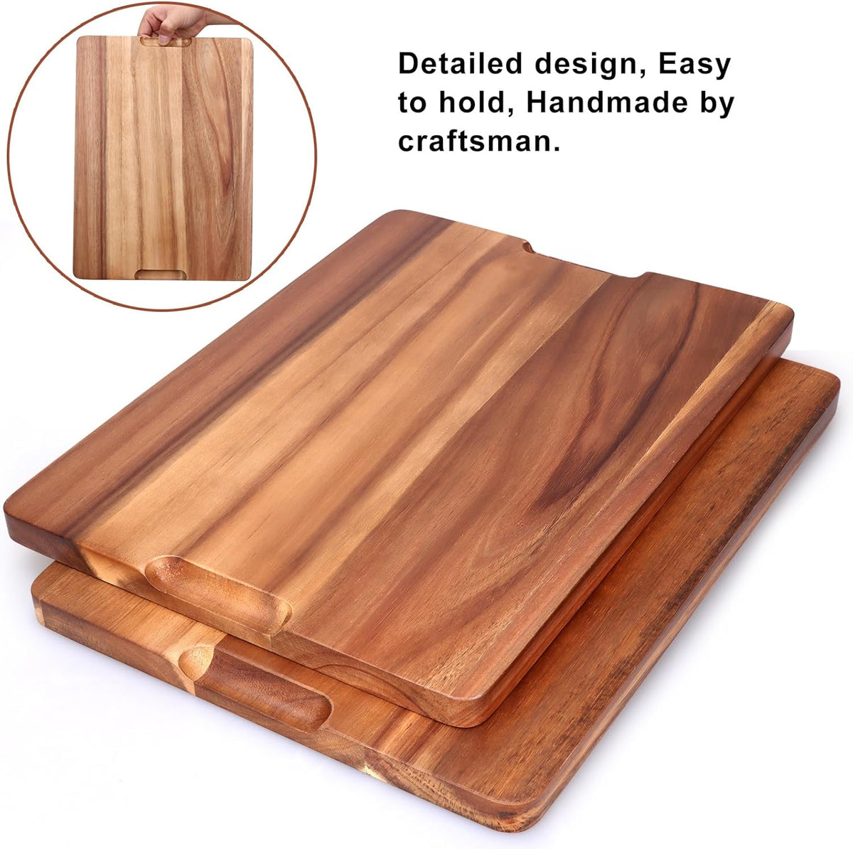 Acacia Wood Cutting Boards for Kitchen, Wooden Chopping Board with Side Handle and Juice Groove, 15" X 11" Carving Board, Butcher Block, Cheese Charcuterie Boards for Meat, Fruit, Steak