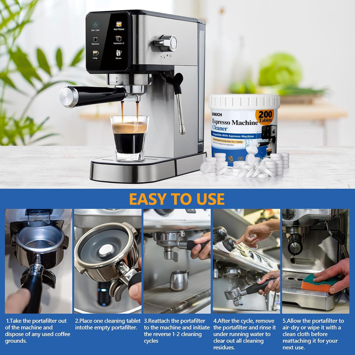 Espresso Machine Cleaning Tablets Descaling -200 Tablets, Compatible with Breville Barista Express, Gaggia, Delonghi, Jura, Philips - Universal Coffee Machine Cleaner Solution for Espresso Machines