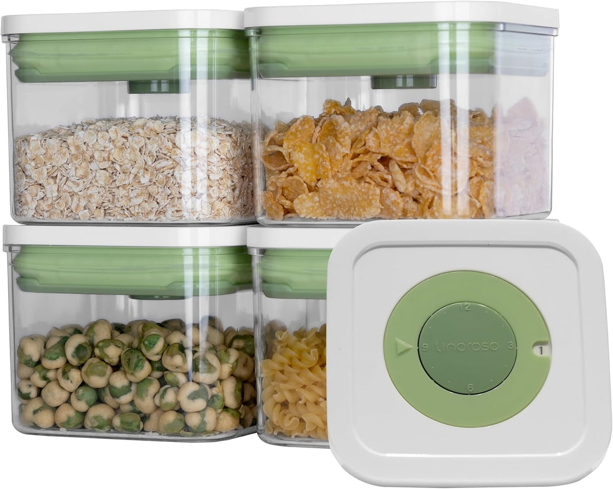 linoroso Pop Airtight Food Storage Containers with Time Recording Lids, BPA-Free Stackable Plastic Storage Containers Set of 4, Dry Cereal Container Set for Pantry Countertop Fridge Organization