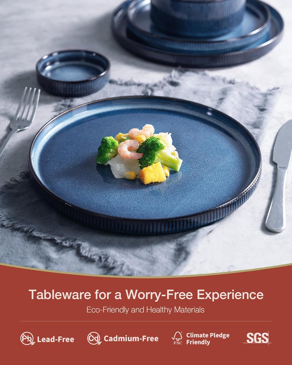 Famiware Star Dinnerware Set with Pasta Bowls, Service for 4 (16pcs), Ribbed Stoneware Plates and Bowls Dishes Sets - Chip & Scratch Resistant, Microwave & Dishwasher Safe, Nebulas Blue