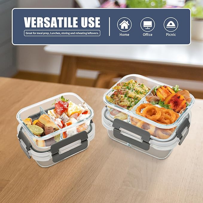 2 & 3 Compartment Meal Prep Containers - Glass Food Storage Lunch Containers with Lids, Bento Box, Portion Control, Freezer to Microwave Safe