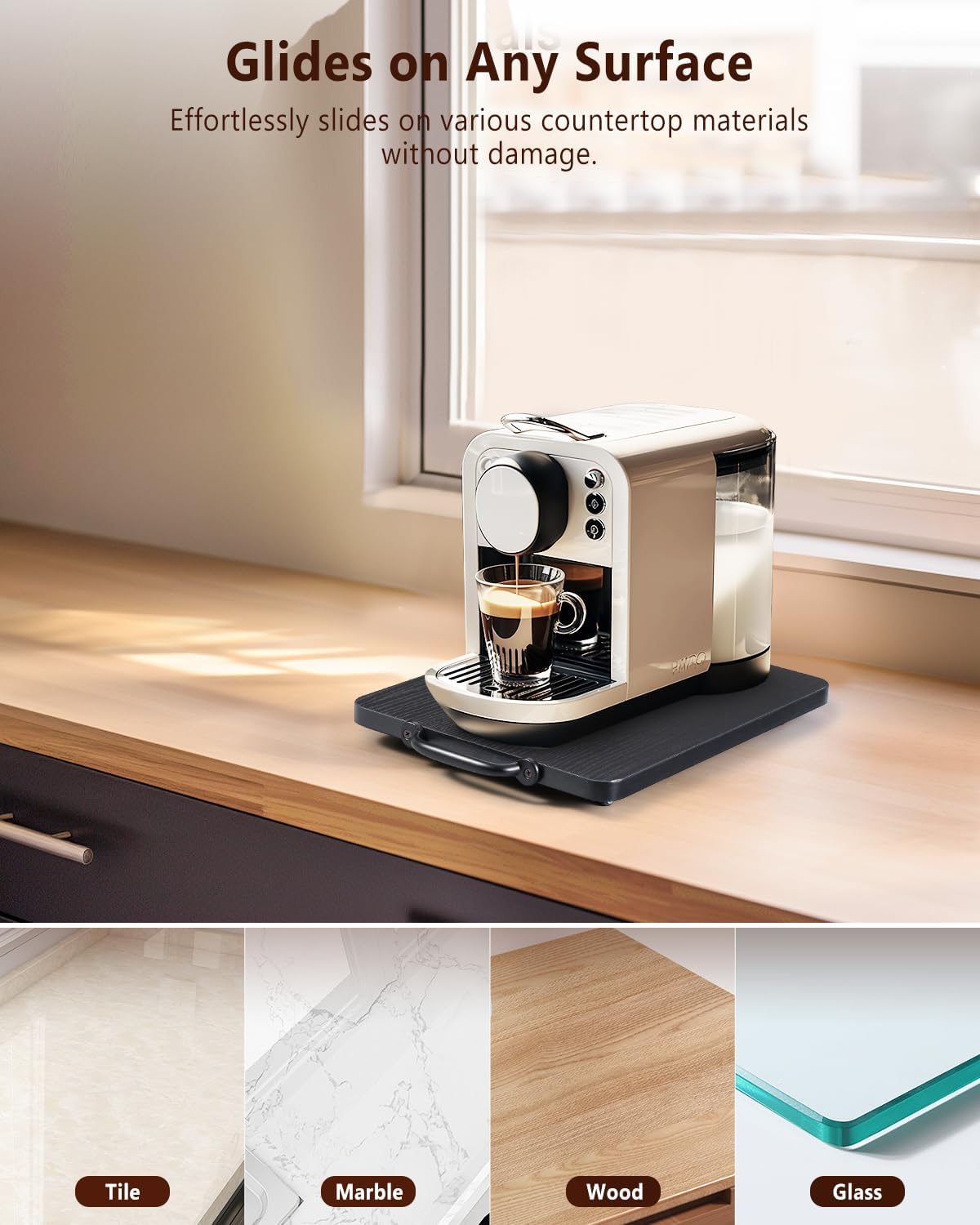 Appliance Slider, Sliding Tray for Coffee Maker, Coffee Pot Slider for Countertop, Kitchen Appliance Rolling Tray with Rubber Wheels,Medium - Long, Black (9.5” X 13”)