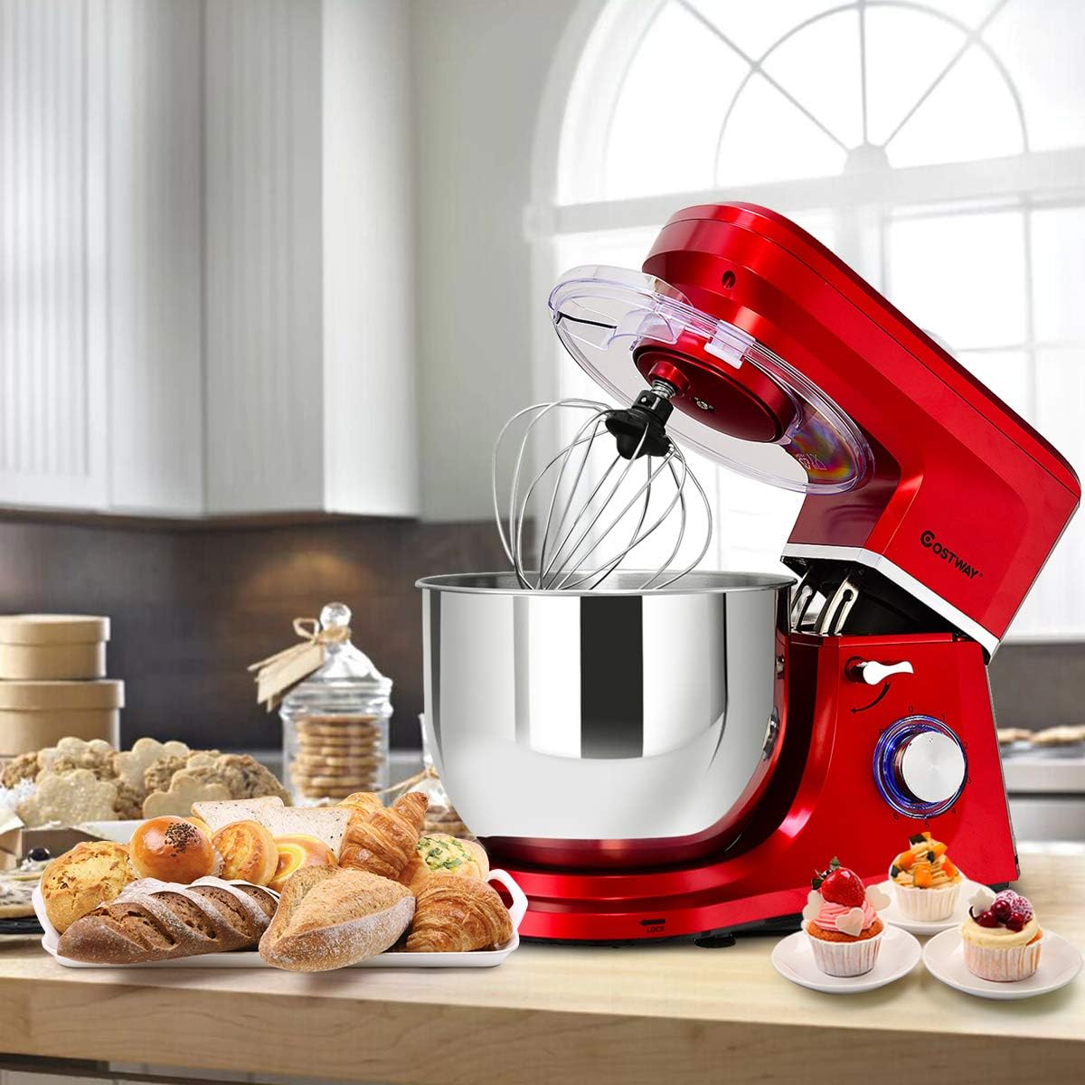 COSTWAY Stand Mixer, 7.5-Quart 660W 6-Speed Electric Mixer with Stainless Steel Bowl, Tilt-head Food Mixer with Dough Hook, Beater, Whisk (Red)