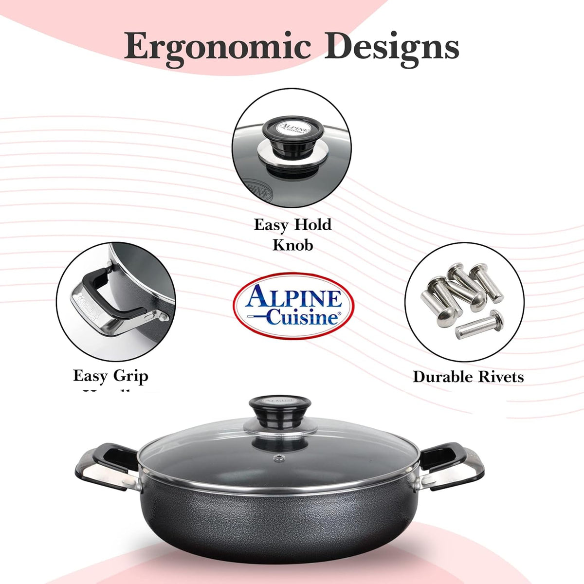 Alpine Cuisine 3 Quart Non-stick Caldero Stock Pot with Tempered Glass Lid and Carrying Handles, Multi-Purpose Cookware Aluminum Dutch Oven for Braising, Boiling, Stewing