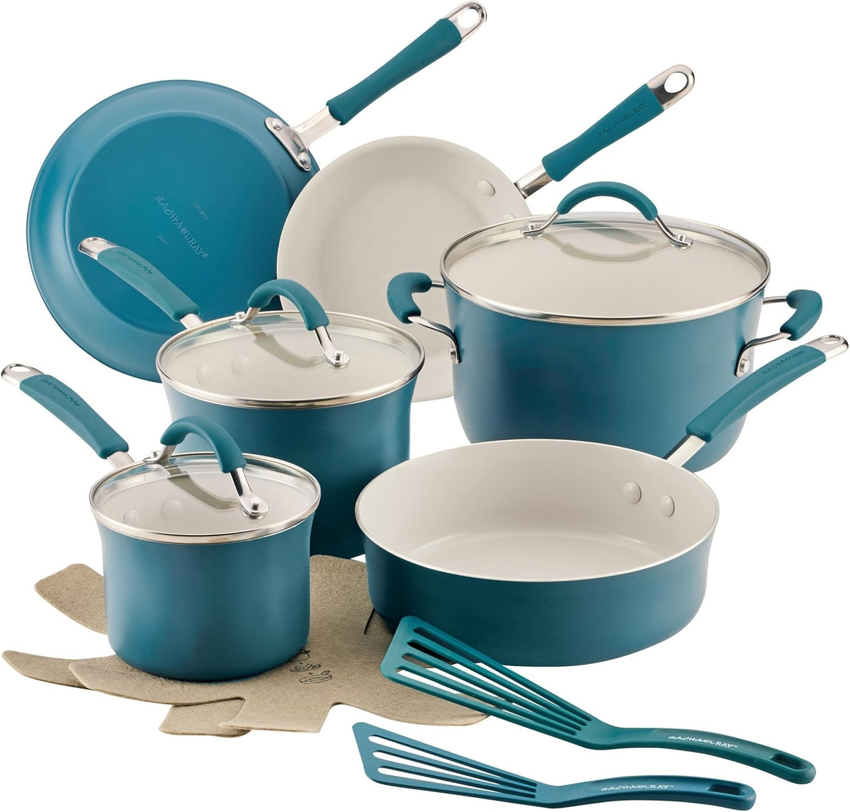Rachael Ray Cucina Ceramic Cookware Set - 13 Pieces - Ceramic Pots and Pans Set w/Nonstick Frying Pans, Saute Pan, Saucepans, Stockpot, Lids, Pan Protectors & Cooking Utensils - Marine Blue