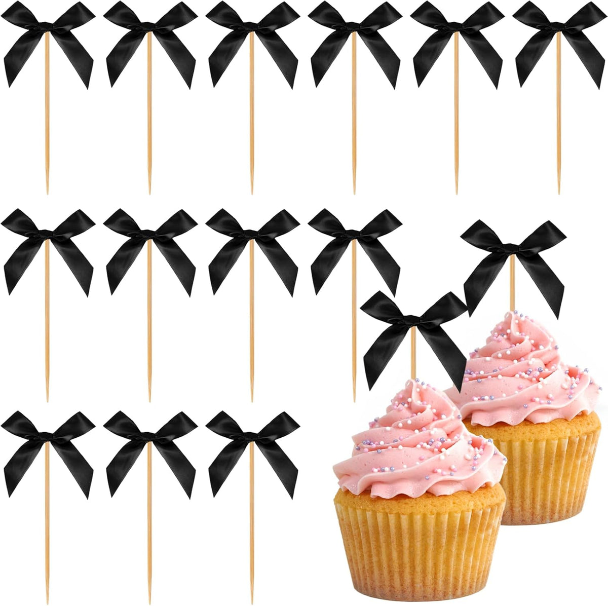 Black Bow Cupcake Toppers, 40 Pcs Bow Cake Topper Birthday Decorations Bowknot Cupcake Picks for Coquette Theme Party Decoration Bachelorette Bridal Engagement Wedding Baby Shower Party Decor