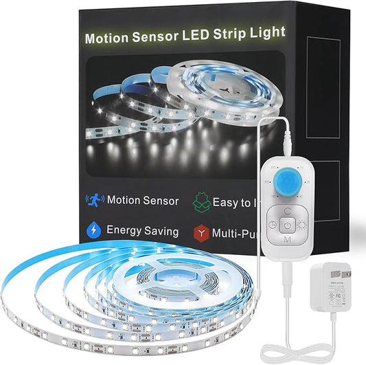Motion Sensor Led Light Strip - Under Cabinet Lighting with Power Adapter, 6 Adjustable Brightness and Timing, Light Strips for Kitchen Cabinets, Stair, Showcase, Bedroom, 16.4ft 6000K ColdWhite