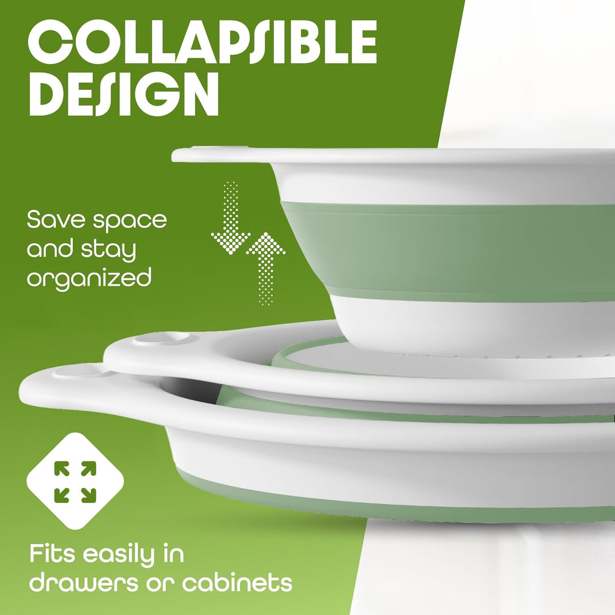 Collapsible Colanders (2 Pack Set) Food Strainers with Over-Sink Water Draining Base for Pasta Fruits and Vegetables (4 and 5 Quart) - White/Sage