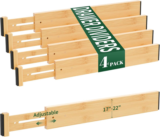 4 Pack Bamboo Drawer Dividers 2.6" High,17-22" Adjustable Spring Loaded Drawer Organizers for Kitchen, Dresser, Bathroom, Bedroom and Office