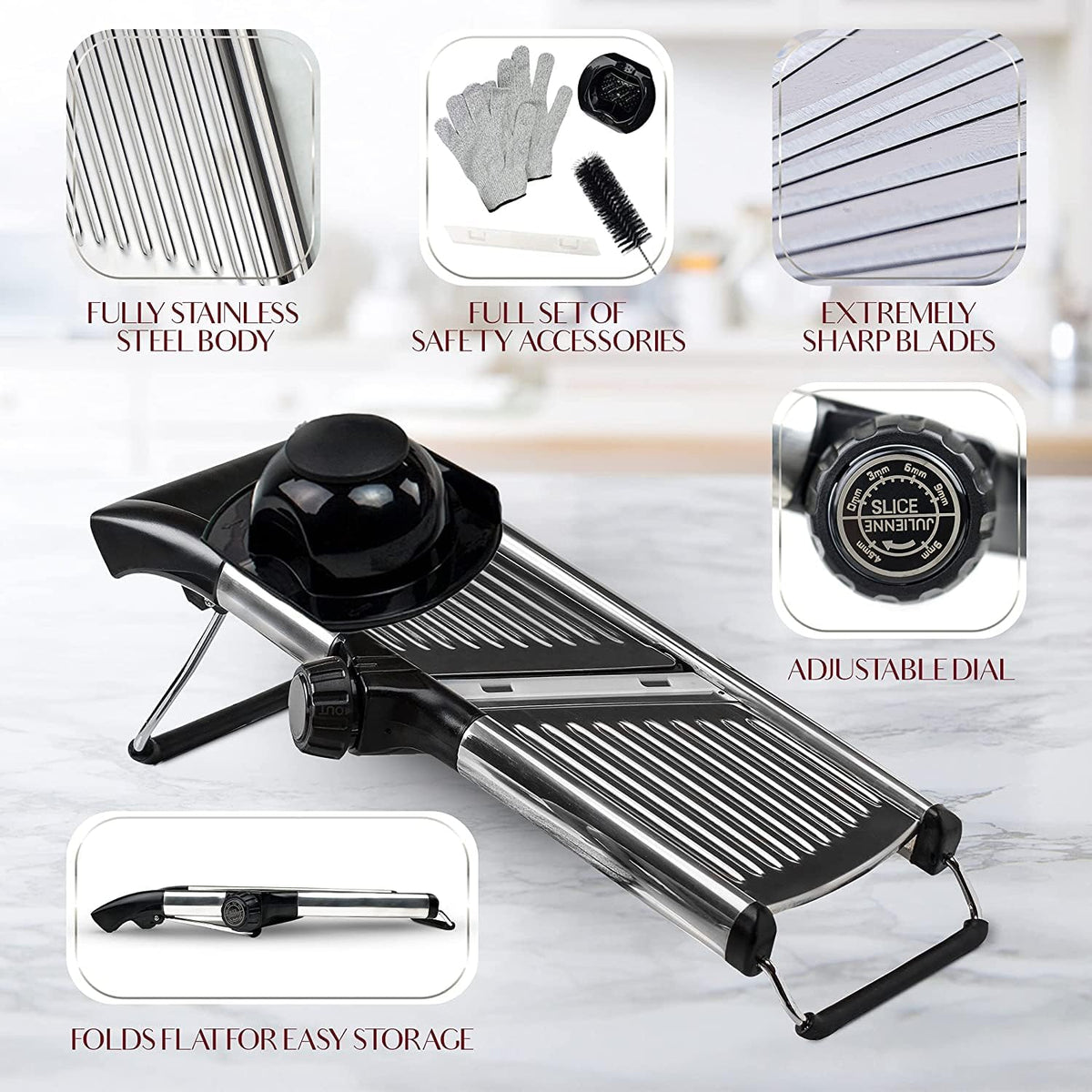 Gramercy Adjustable Mandoline Food Slicer, Mandoline Slicer for Kitchen, Mandolin, Potato, Tomato, Carrot, Vegetable, Fruit and Onion Cutter - Stainless Steel - INCLUDING 1 Pair Cut-Resistant Gloves