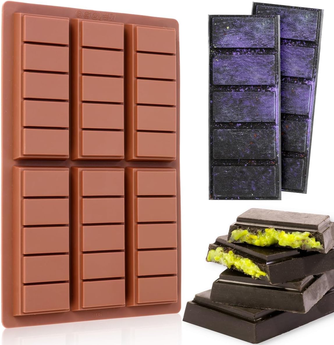 Chocolate Bar Mold, Deep Silicone Bar Mold for Stuffed Chocolate Bar, Wax Melt, Candy Bar Mold 1 Pack (5 Snap)