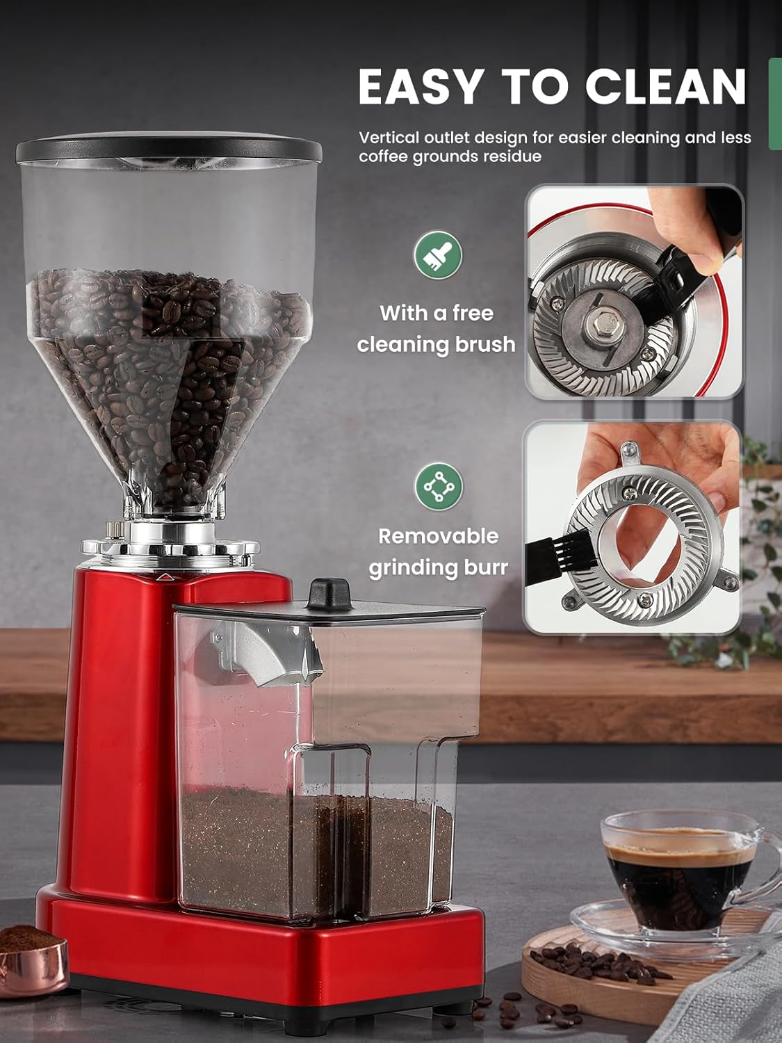 Huanyu Flat Burr Coffee Grinder with 19 Grinding Settings Bulk Electric Coffee Bean Grinder Adjustable Large Capacity 35oz Red