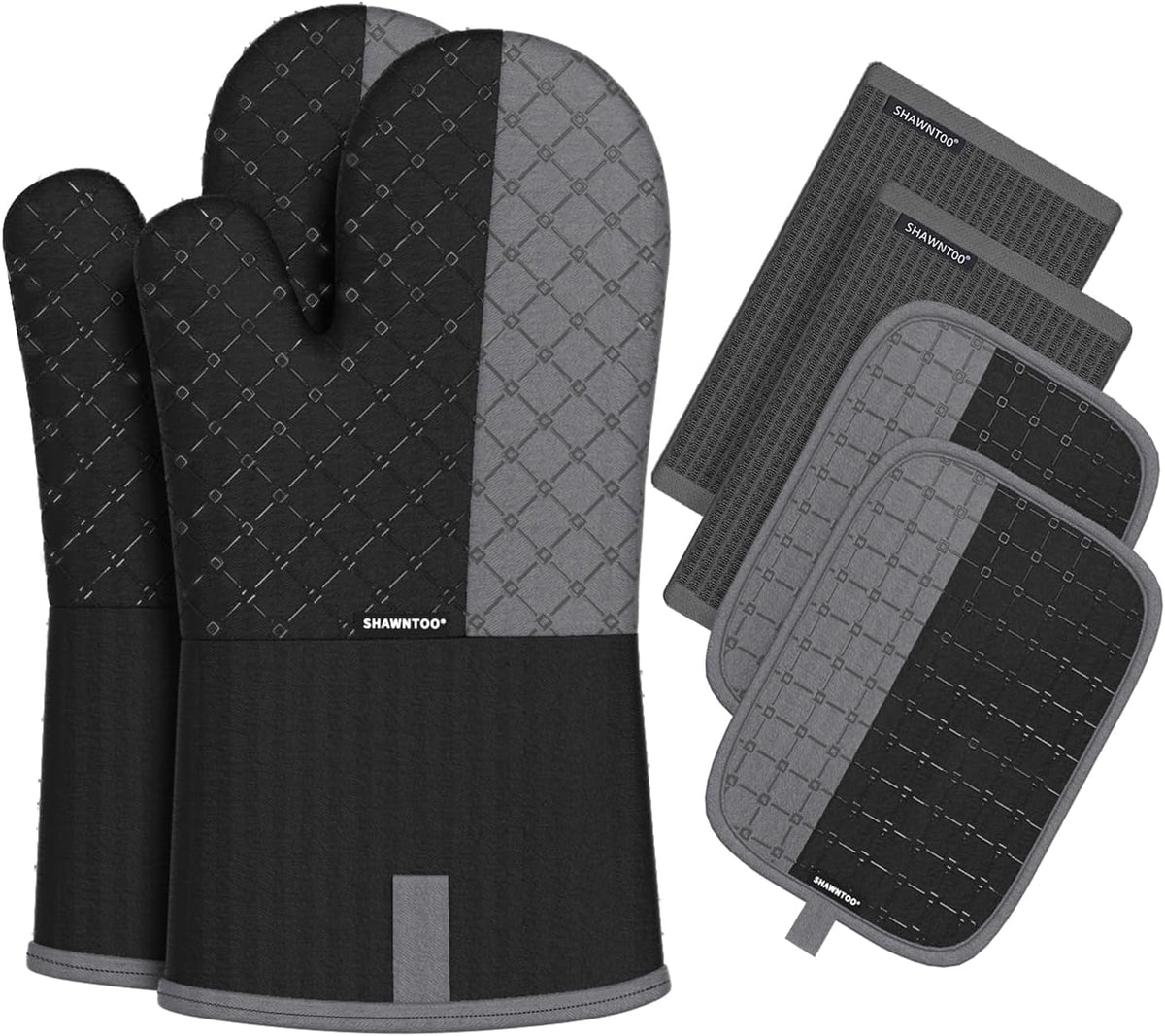 Oven Mitts and Pot Holders Sets 6pcs, Kitchen Oven Glove,High Heat Resistant 550 Degree Extra Long Oven Mitts and Potholders with Non-Slip Silicone Surface for Home Essentials (Grey) (Matte Black)