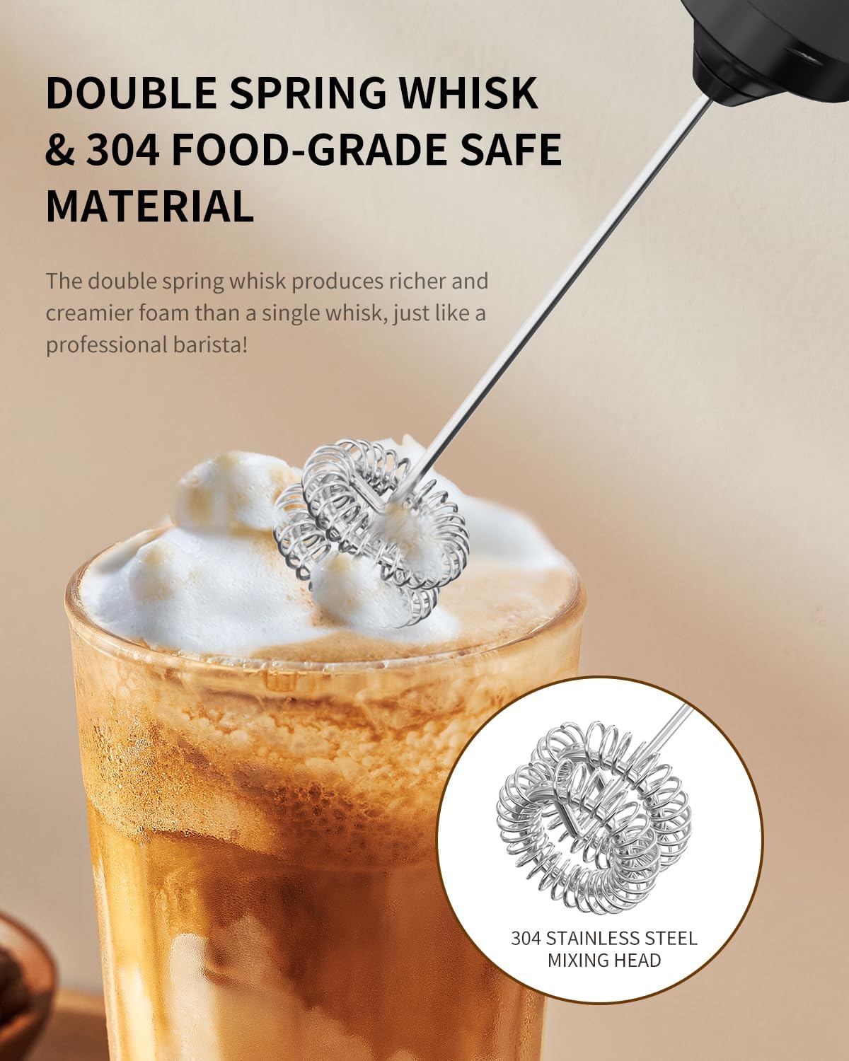 CIRCLE JOY Rechargeable Milk Frother Hanheld, Dual Spring Whisk Electric Coffee Frother, Portable Hand Frother Wand Drink Mixer for Matcha Lattes Cappuccino, Kitchen Gifts, Black
