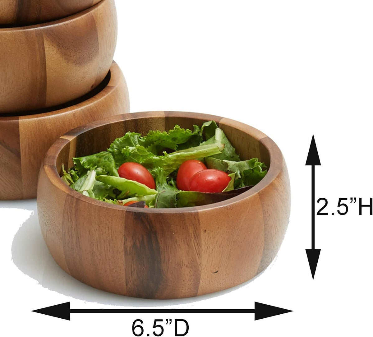 Woodard & Charles Set of 4 Acacia Wood Large Individual Salad Bowls, Snack Serving Bowls, 6 1/2" x 2 1/2"