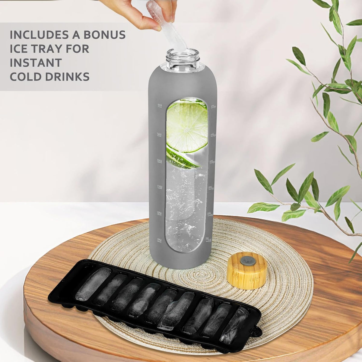 Glass Water Bottles 32 oz - Motivational Drinking Glass Water Bottle with Silicone Sleeve, Straw & 2 Bamboo Lids - 1 Liter Clear Borosilicate Daily Intake Tumbler with Time Marker - Grey