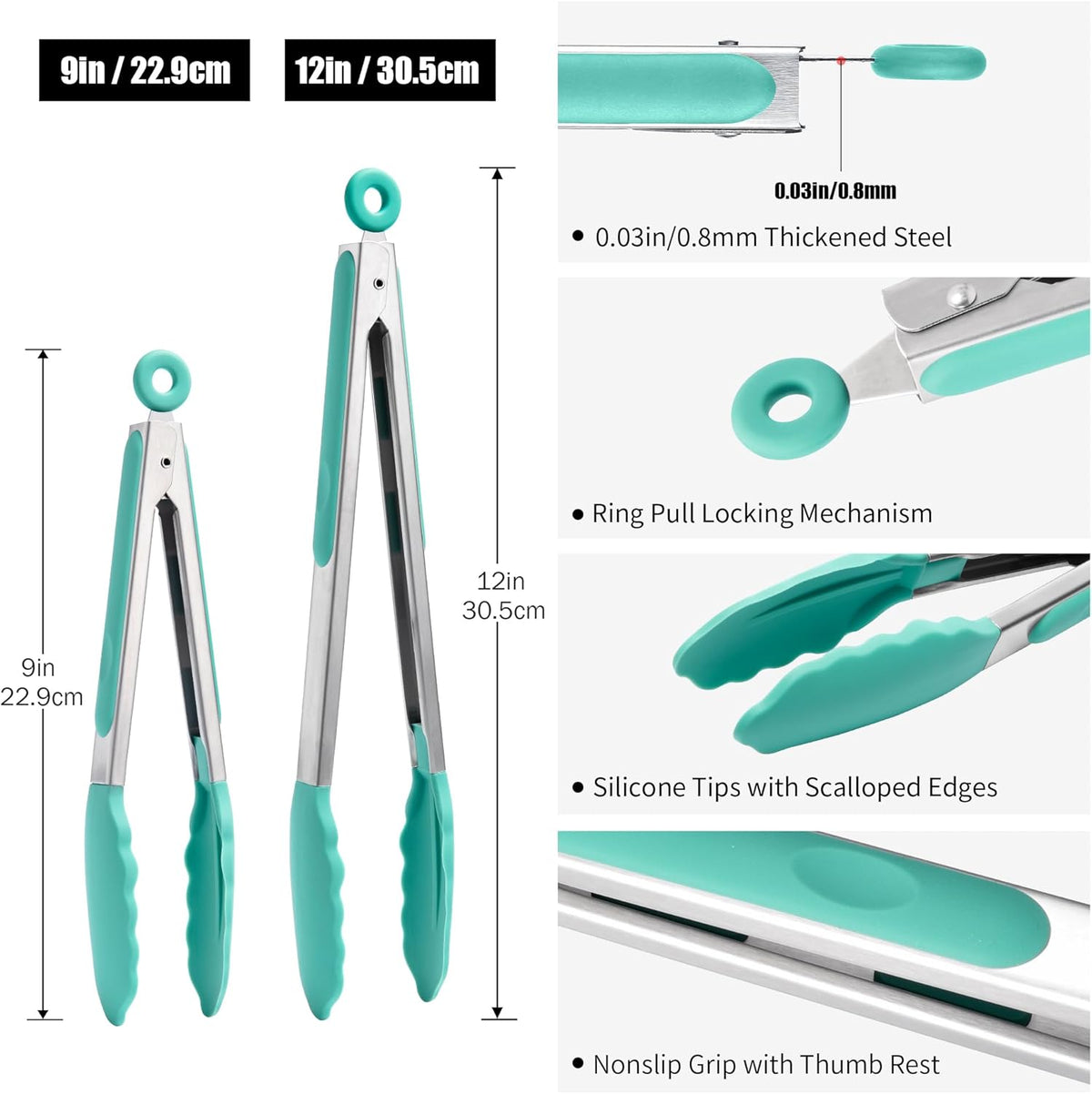 Doosu Kitchen Tongs for Cooking - 600°F Heat Resistant Food Tong Set with Non-Scratch Silicone Tips, Heavy Duty Stainless Steel Locking Tong for BBQ, Grilling Steak, Serving Salad (9+12in, Aqua Sky)