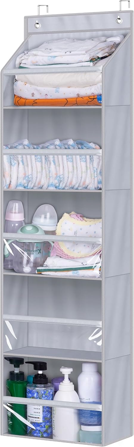 AOODA Over the Door Organizer, Large Capacity Closet Door Hanging Organizer, Clear Deep Pockets Baby Storage for Nursery, Bathroom, Bedroom, Pantry, Diapers (Grey)