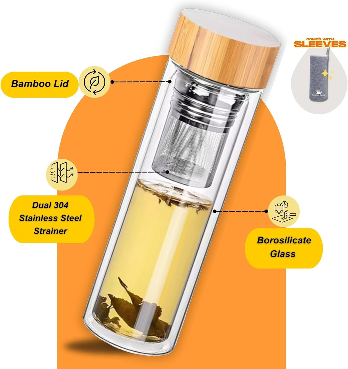 15oz Double Wall Glass Water Bottle with Bamboo Lid and Tea Infuser – Insulated, Leak-Proof, and Eco-Friendly Travel Tea Mug with Filter for Hot or Cold Beverages